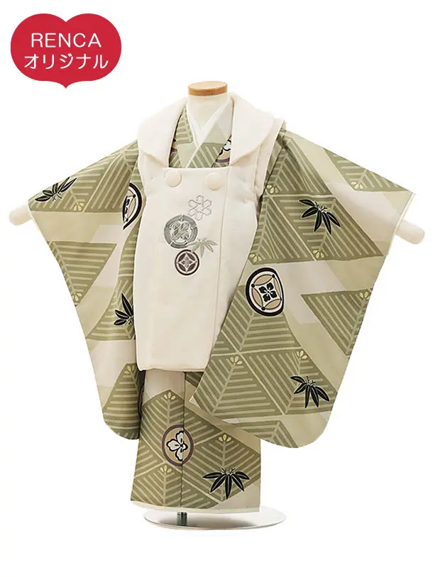 RENCA(3歳男児被布)3023ベージュxモスグレイ 菱文様に紋