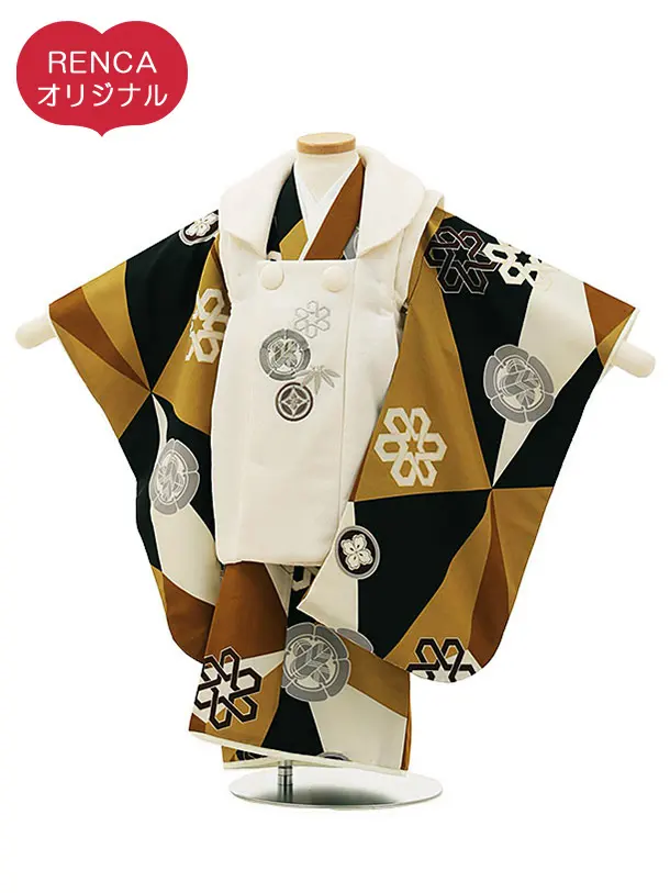 RENCA(3歳男児被布)3025ベージュxからし黒 変わり柄 紋