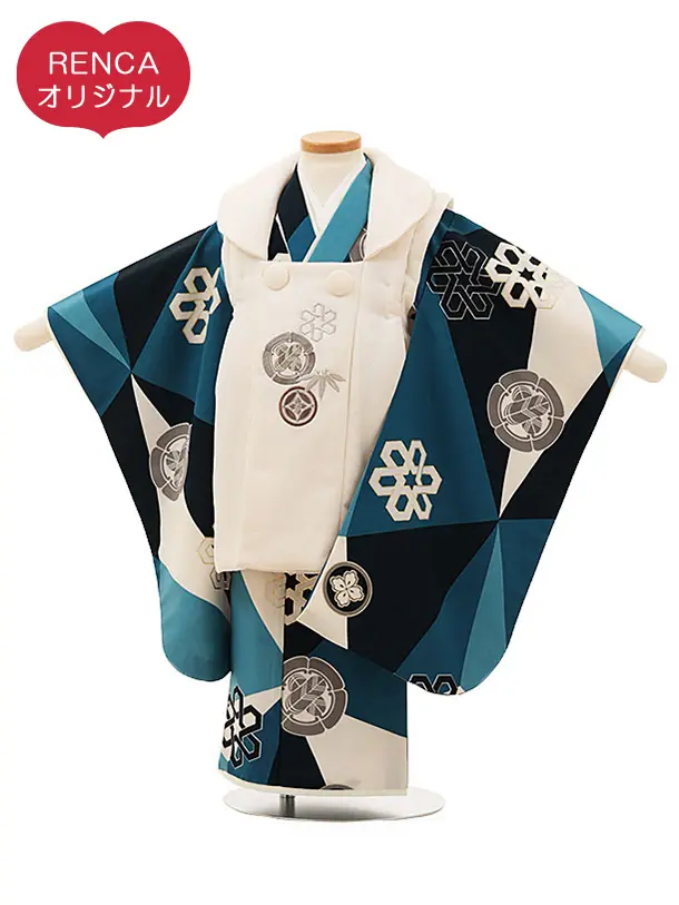 RENCA(3歳男児被布)3026ベージュxターコイズ白 変わり柄 紋