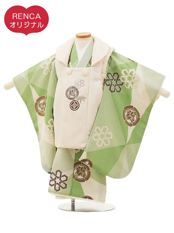 RENCA(3歳男児被布)3027ベージュx黄緑白 変わり柄 紋