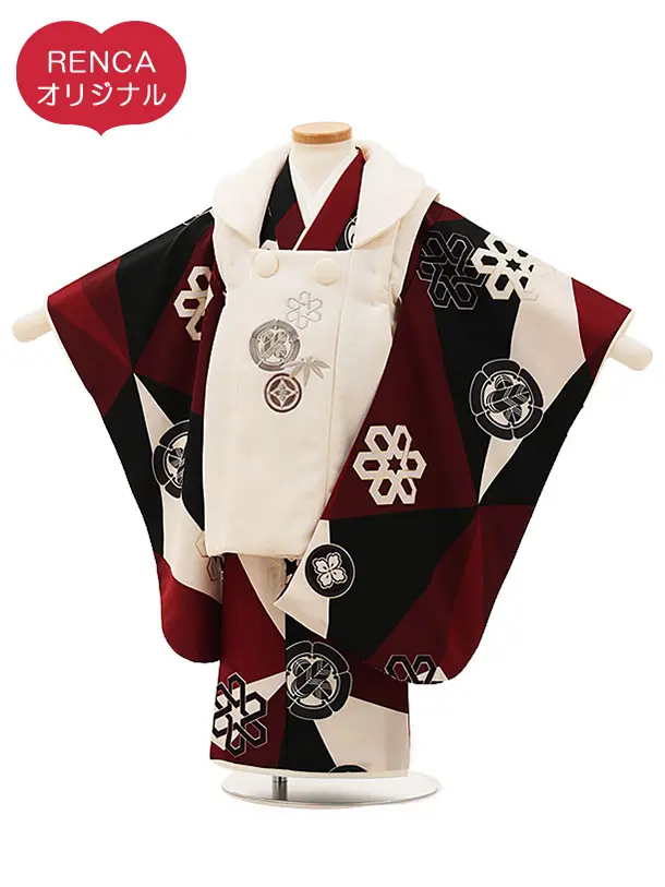 RENCA(3歳男児被布)3028ベージュxエンジ白 変わり柄 紋