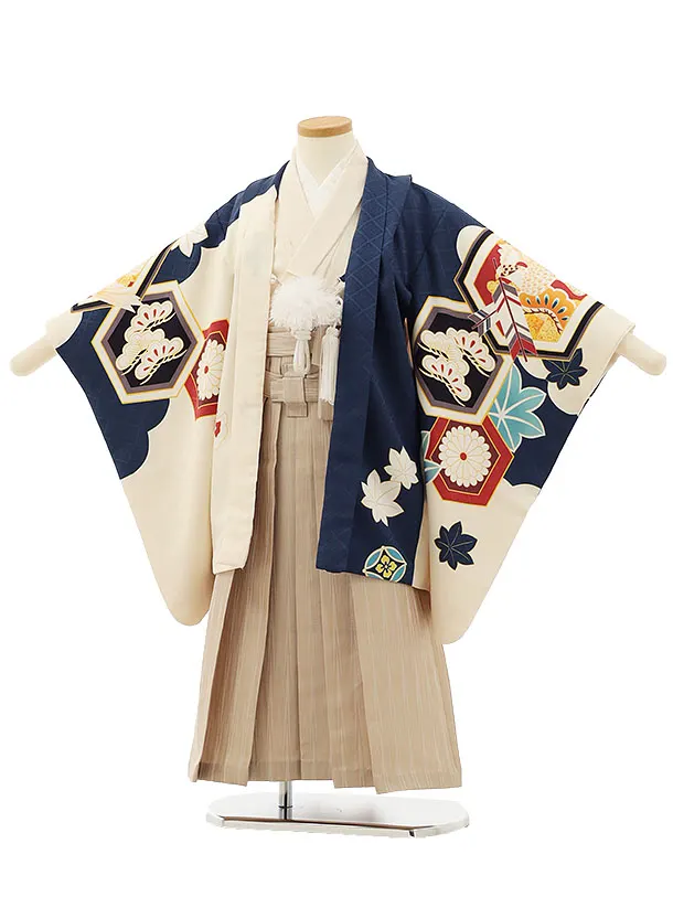 RENCA(5歳男袴)かんたん七五三5004 紺/亀甲紋に鷹xベージュ袴