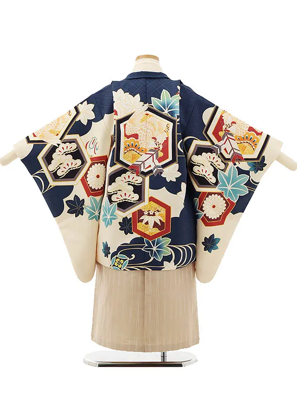 RENCA(5歳男袴)かんたん七五三5004 紺/亀甲紋に鷹xベージュ袴