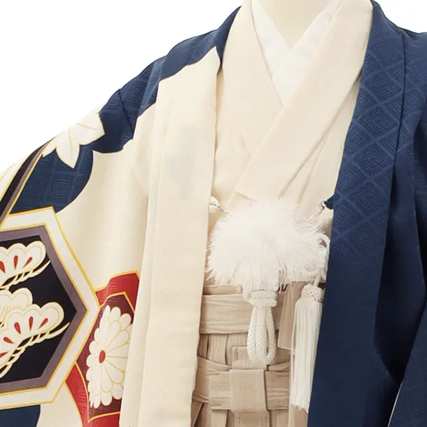 RENCA(5歳男袴)かんたん七五三5004 紺/亀甲紋に鷹xベージュ袴