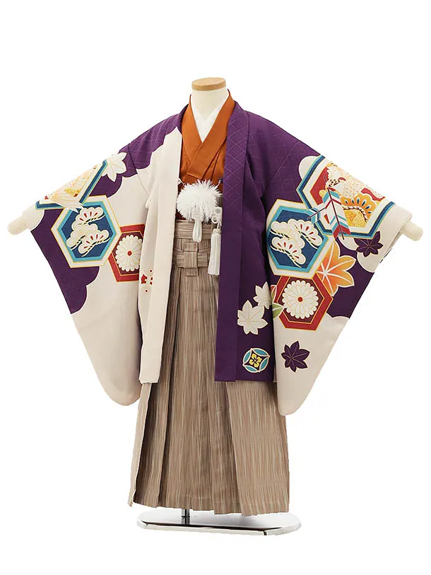 RENCA(5.6歳男袴)かんたん七五三5006 紫/亀甲紋に鷹xモカ茶袴