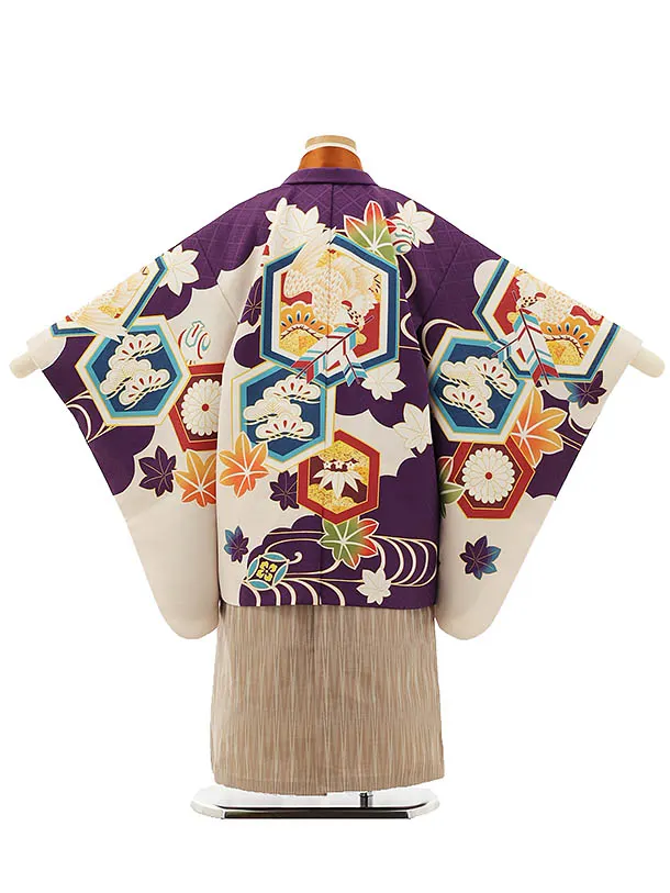 RENCA(5.6歳男袴)かんたん七五三5006 紫/亀甲紋に鷹xモカ茶袴