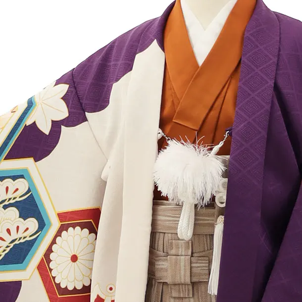 RENCA(5.6歳男袴)かんたん七五三5006 紫/亀甲紋に鷹xモカ茶袴