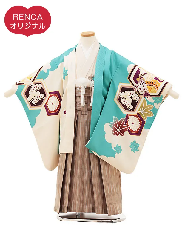 RENCA(5歳男袴)かんたん七五三5009 あさぎ色/亀甲紋に鷹x薄茶袴