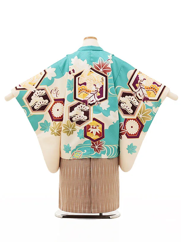 RENCA(5歳男袴)かんたん七五三5009 あさぎ色/亀甲紋に鷹x薄茶袴