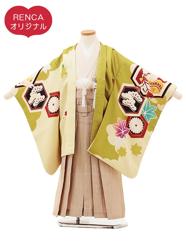 RENCA(5歳男袴)かんたん七五三5010 ひわ色/亀甲紋に鷹xベージュ袴