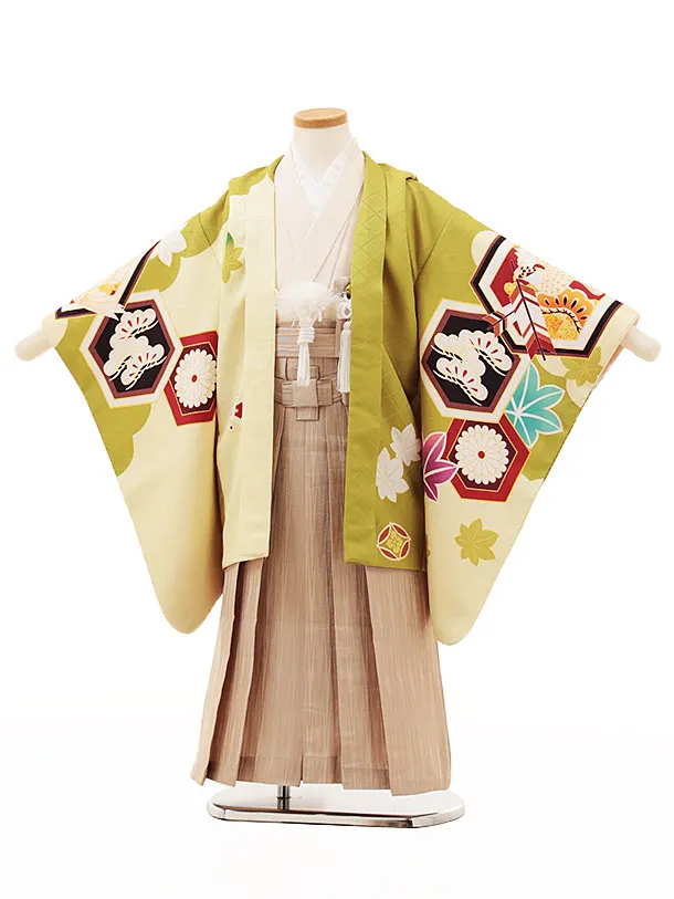 RENCA(5歳男袴)かんたん七五三5010 ひわ色/亀甲紋に鷹xベージュ袴