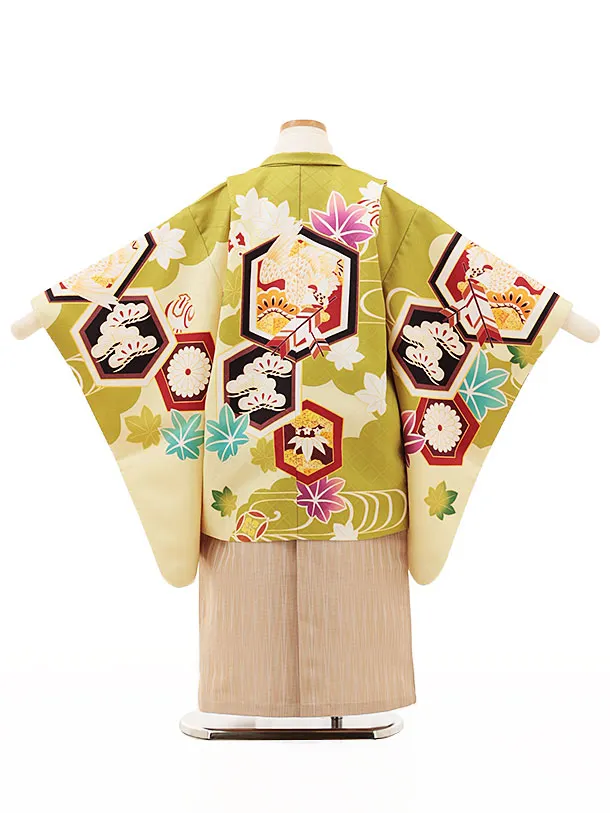 RENCA(5歳男袴)かんたん七五三5010 ひわ色/亀甲紋に鷹xベージュ袴