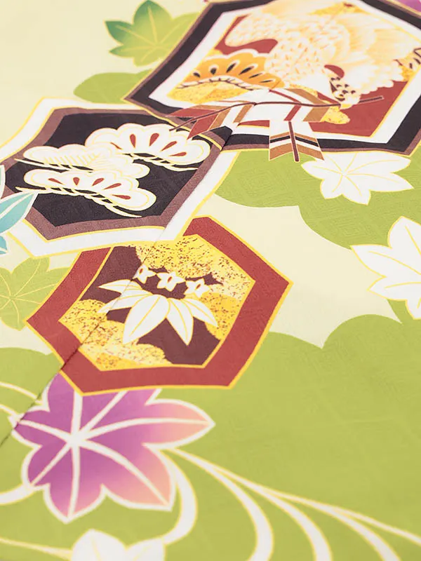 RENCA(5歳男袴)かんたん七五三5010 ひわ色/亀甲紋に鷹xベージュ袴