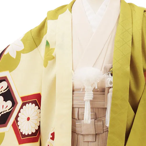 RENCA(5歳男袴)かんたん七五三5010 ひわ色/亀甲紋に鷹xベージュ袴