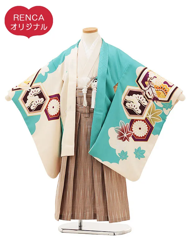 RENCA(5.6歳男袴)かんたん七五三5015 あさぎ色/亀甲紋に鷹x薄茶袴