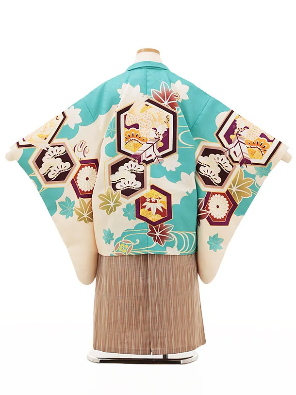 RENCA(5.6歳男袴)かんたん七五三5015 あさぎ色/亀甲紋に鷹x薄茶袴