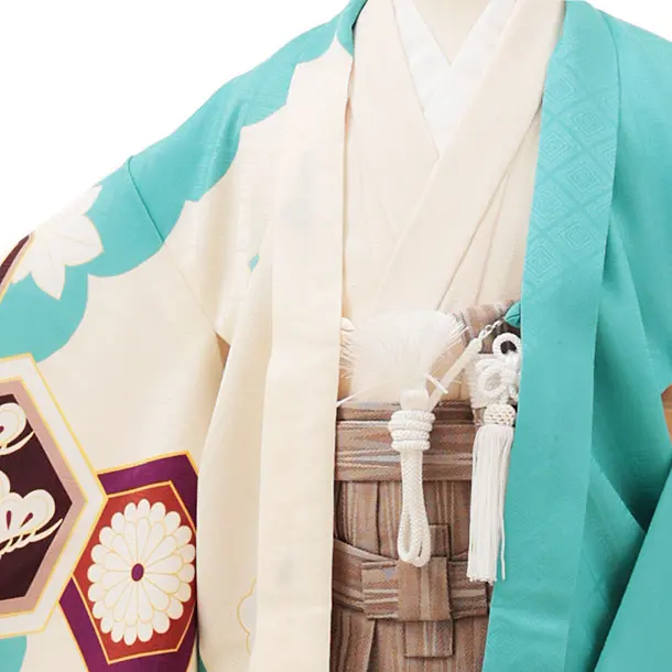 RENCA(5.6歳男袴)かんたん七五三5015 あさぎ色/亀甲紋に鷹x薄茶袴