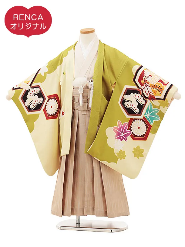 RENCA(5.6歳男袴)かんたん七五三5016 ひわ色/亀甲紋に鷹xベージュ袴