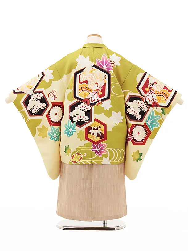 RENCA(5.6歳男袴)かんたん七五三5016 ひわ色/亀甲紋に鷹xベージュ袴