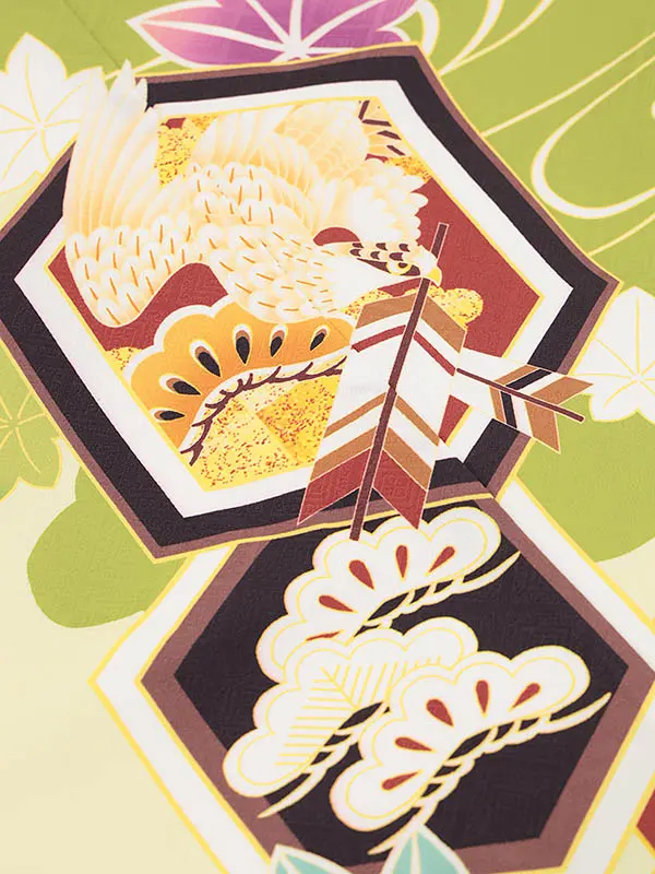 RENCA(5.6歳男袴)かんたん七五三5016 ひわ色/亀甲紋に鷹xベージュ袴