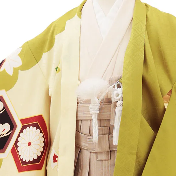 RENCA(5.6歳男袴)かんたん七五三5016 ひわ色/亀甲紋に鷹xベージュ袴