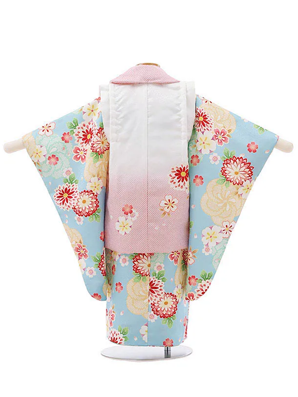RENCA(2歳女児被布)2001白ピンクぼかし 鈴x水色 ねじり梅に菊