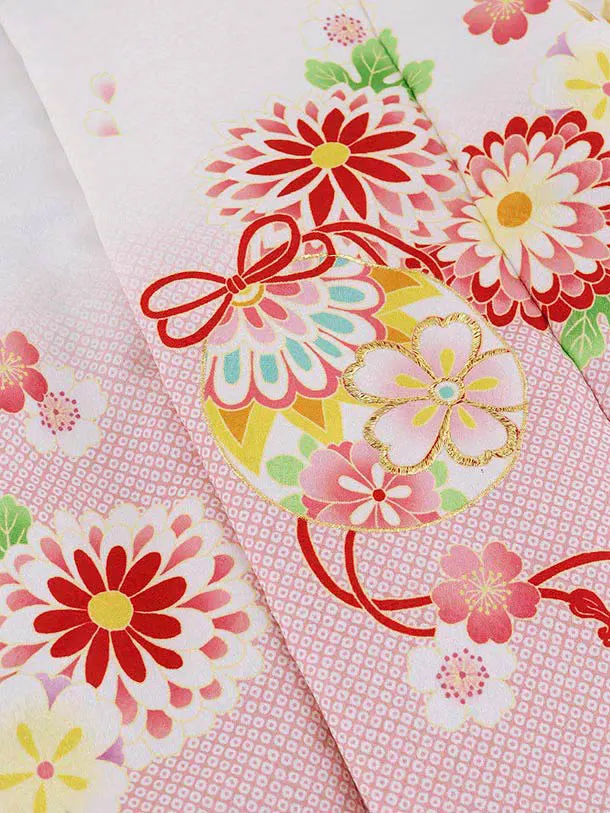 RENCA(2歳女児被布)2001白ピンクぼかし 鈴x水色 ねじり梅に菊