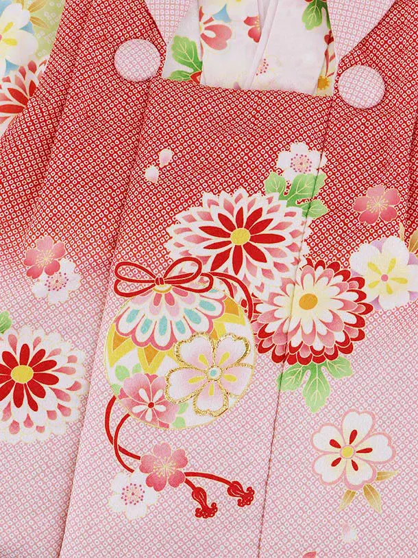 RENCA(2歳女児被布)2002赤ピンクぼかし 鈴x白 ねじり梅に菊