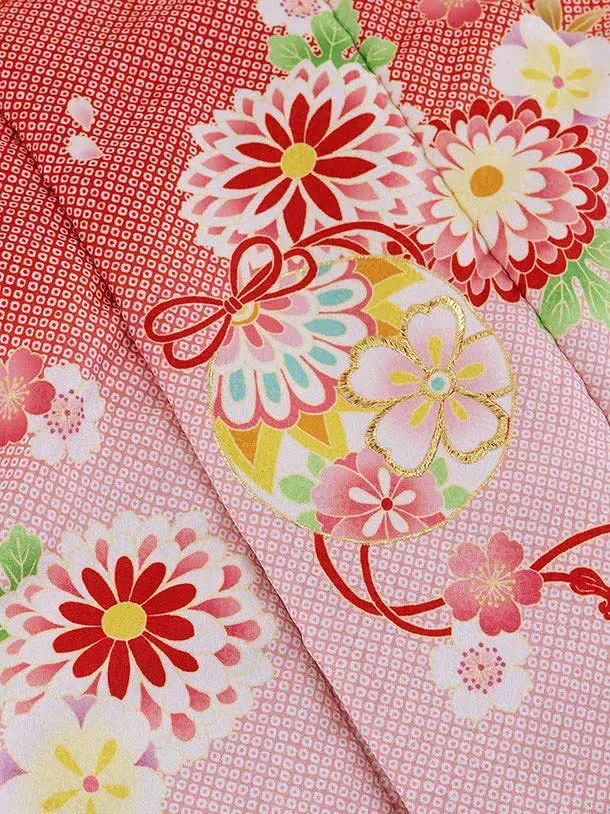 RENCA(2歳女児被布)2002赤ピンクぼかし 鈴x白 ねじり梅に菊