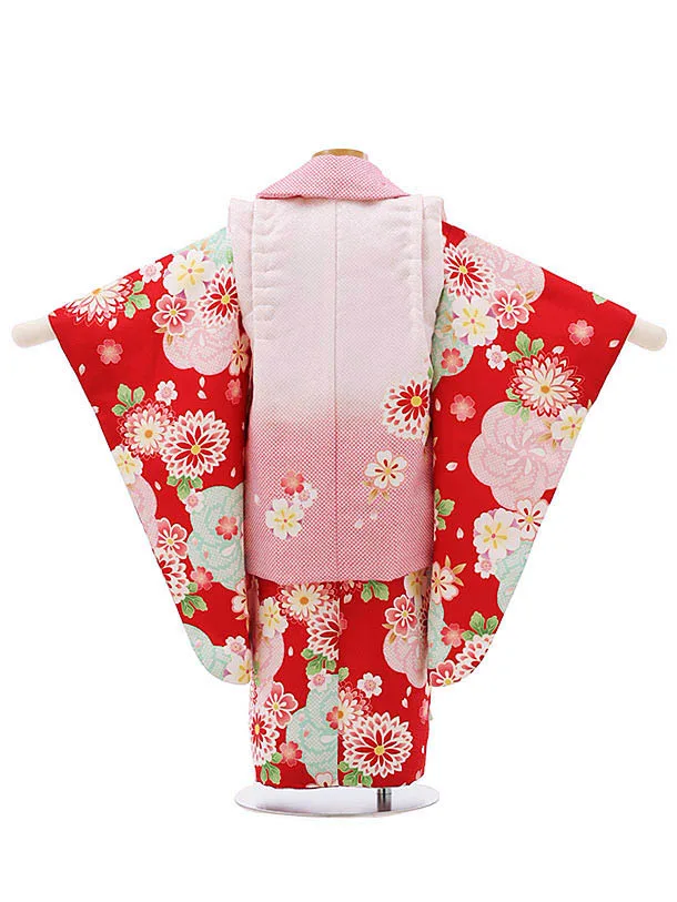 RENCA(2歳女児被布)2003ピンクぼかし 鈴x赤 ねじり梅に菊