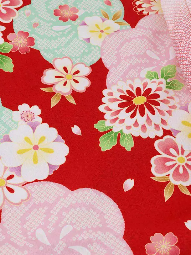 RENCA(2歳女児被布)2003ピンクぼかし 鈴x赤 ねじり梅に菊
