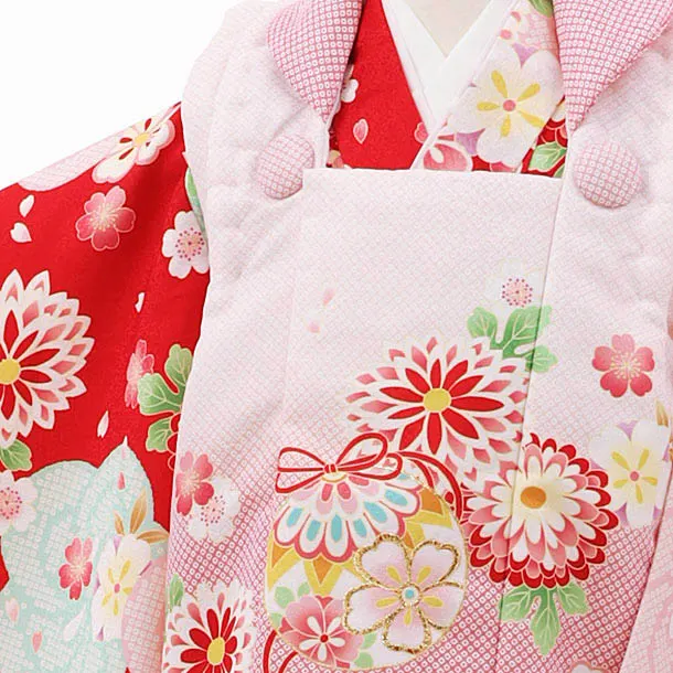 RENCA(2歳女児被布)2003ピンクぼかし 鈴x赤 ねじり梅に菊