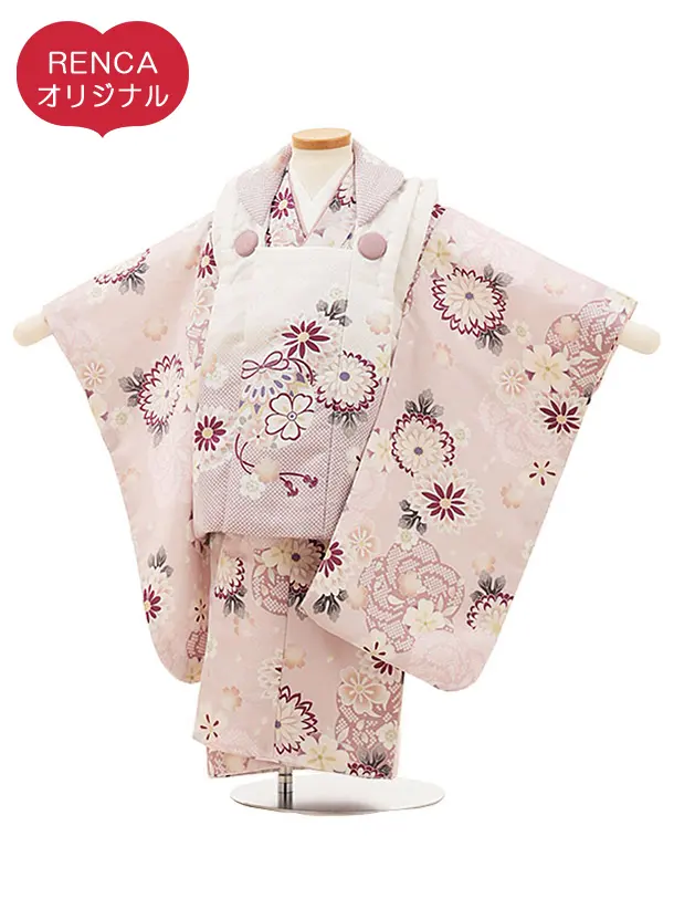RENCA(2歳女児被布)2005薄ﾋﾟﾝｸぼかし鈴x薄ﾋﾟﾝｸねじり梅に菊