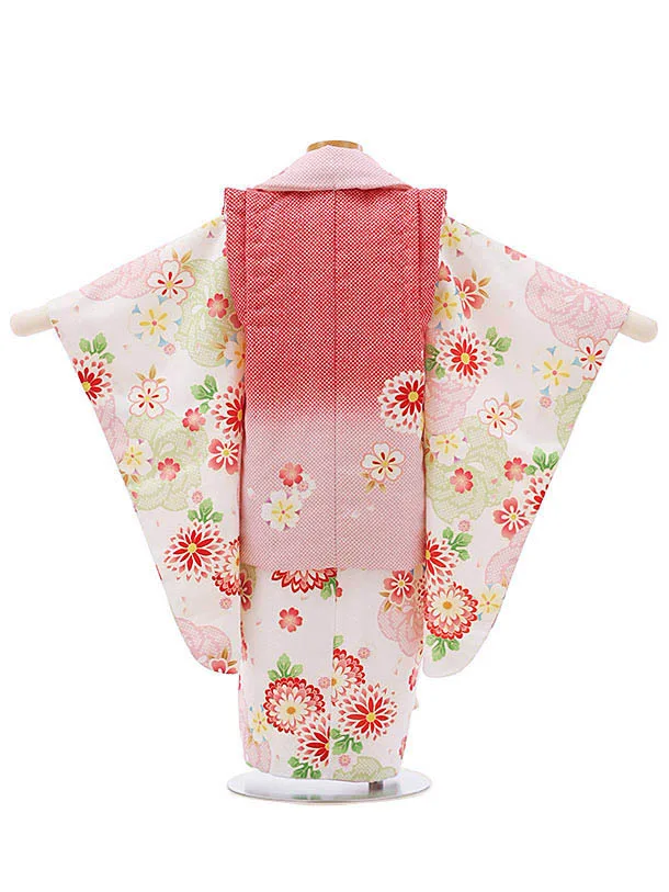 RENCA(3歳女児被布)3002赤ピンクぼかし 鈴x白 ねじり梅に菊
