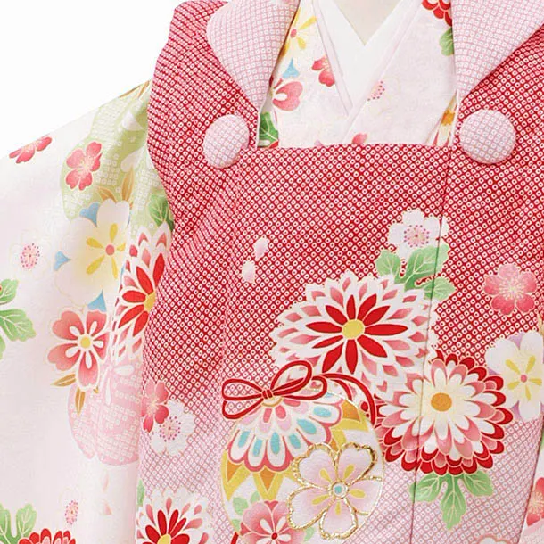 RENCA(3歳女児被布)3002赤ピンクぼかし 鈴x白 ねじり梅に菊