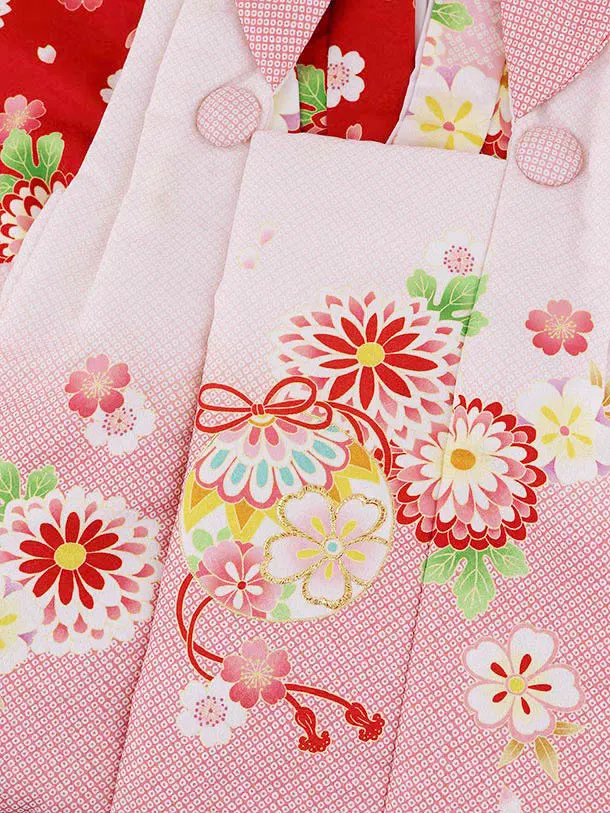 RENCA(3歳女児被布)3003ピンクぼかし 鈴x赤 ねじり梅に菊