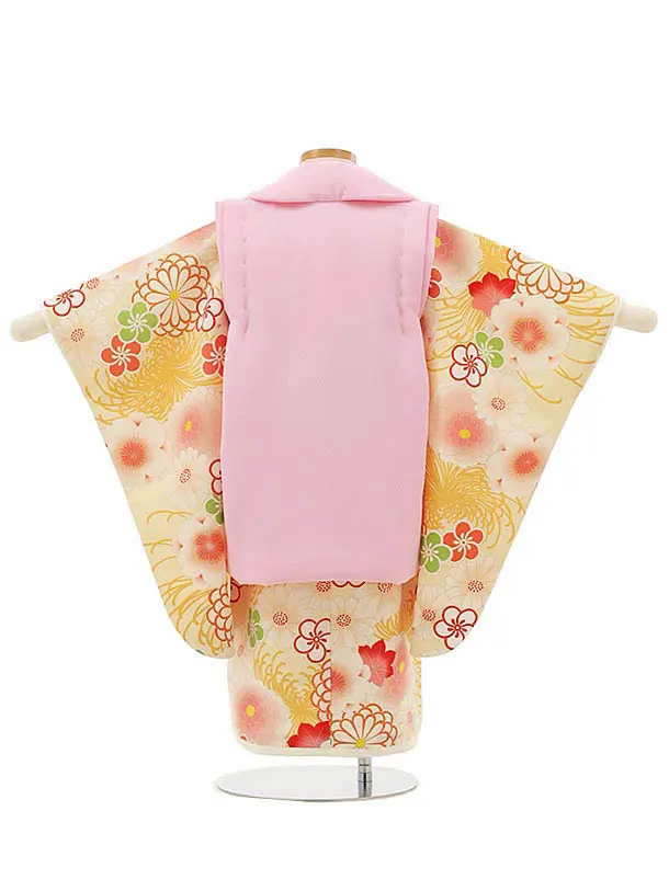 RENCA(3歳女児被布)3004ピンク 刺繍菊x薄黄色 菊づくし