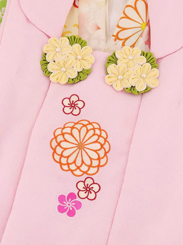RENCA(3歳女児被布)3004ピンク 刺繍菊x薄黄色 菊づくし