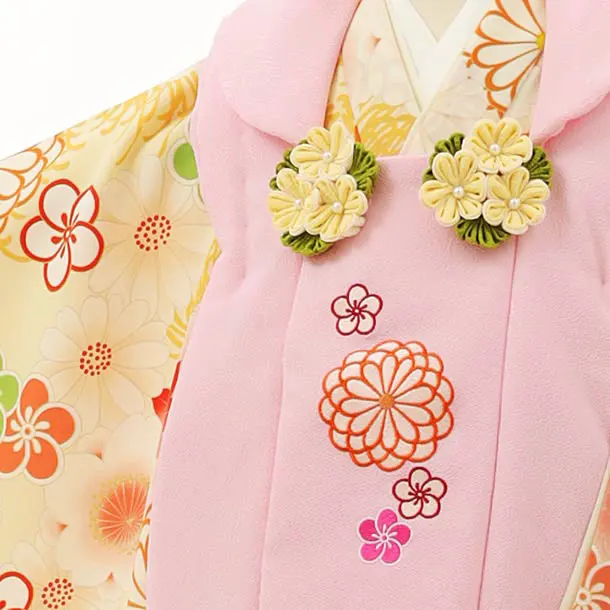 RENCA(3歳女児被布)3004ピンク 刺繍菊x薄黄色 菊づくし
