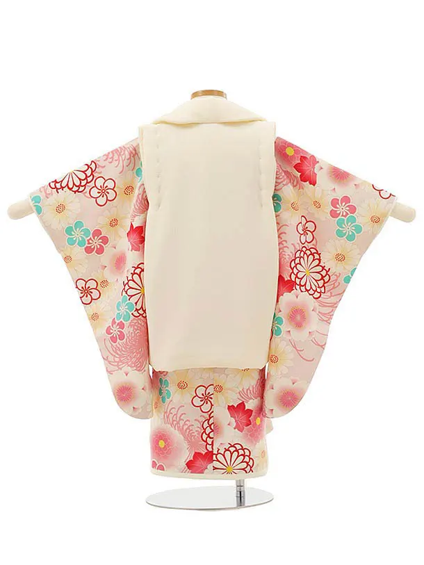 RENCA(3歳女児被布)3006クリーム 刺繍菊x薄ピンク 菊づくし