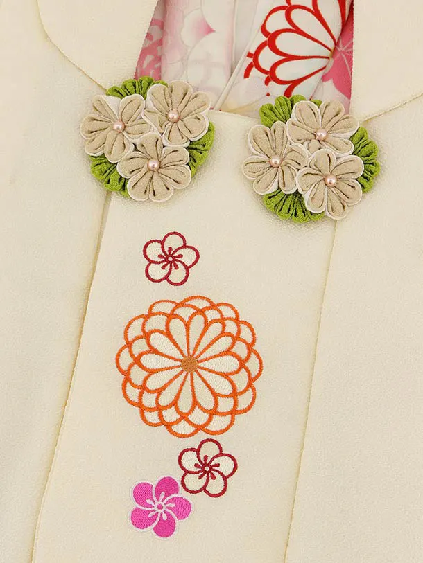 RENCA(3歳女児被布)3006クリーム 刺繍菊x薄ピンク 菊づくし