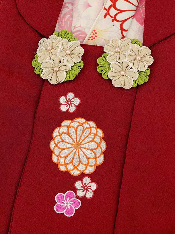 RENCA(3歳女児被布)3007赤 刺繍菊x薄ピンク 菊づくし