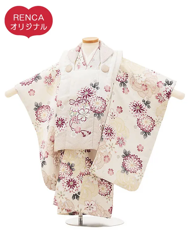 RENCA(3歳女児被布)3008ﾍﾞｰｼﾞｭぼかし鈴xﾍﾞｰｼﾞｭねじり梅に菊