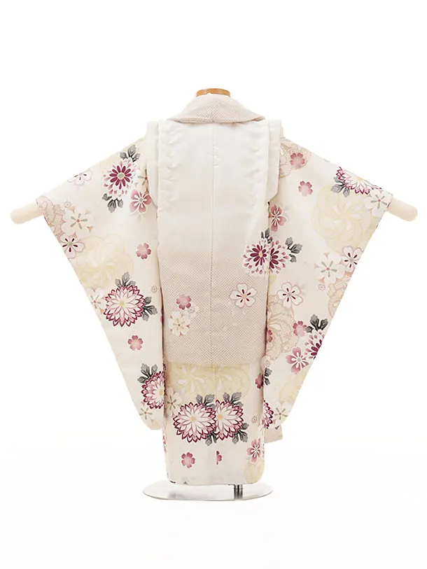 RENCA(3歳女児被布)3008ﾍﾞｰｼﾞｭぼかし鈴xﾍﾞｰｼﾞｭねじり梅に菊