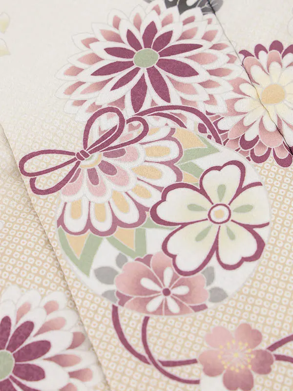 RENCA(3歳女児被布)3008ﾍﾞｰｼﾞｭぼかし鈴xﾍﾞｰｼﾞｭねじり梅に菊