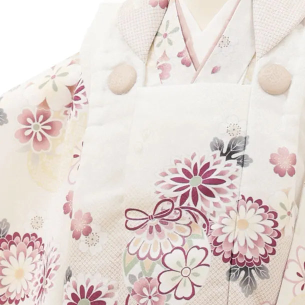 RENCA(3歳女児被布)3008ﾍﾞｰｼﾞｭぼかし鈴xﾍﾞｰｼﾞｭねじり梅に菊