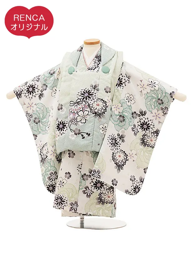 RENCA(3歳女児被布)3010ミントグリーンぼかし 鈴xねじり梅に菊