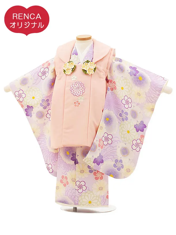 RENCA(3歳女児被布)3011ピンク 刺繍菊xラベンダー 菊づくし