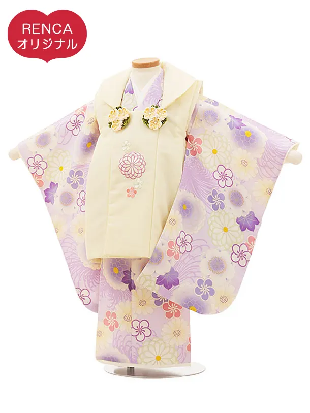RENCA(3歳女児被布)3012クリーム 刺繍菊xラベンダー 菊づくし