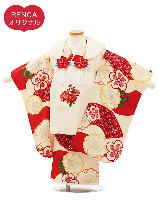 RENCA(3歳女児被布)3013クリーム 椿xクリーム 赤扇面に桜